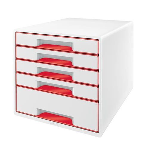 Irattároló, műanyag, 5 fiókos, LEITZ "Wow Cube", fehér/piros