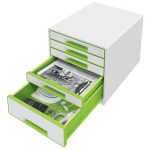 Irattároló, műanyag, 5 fiókos, LEITZ "Wow Cube", fehér/zöld