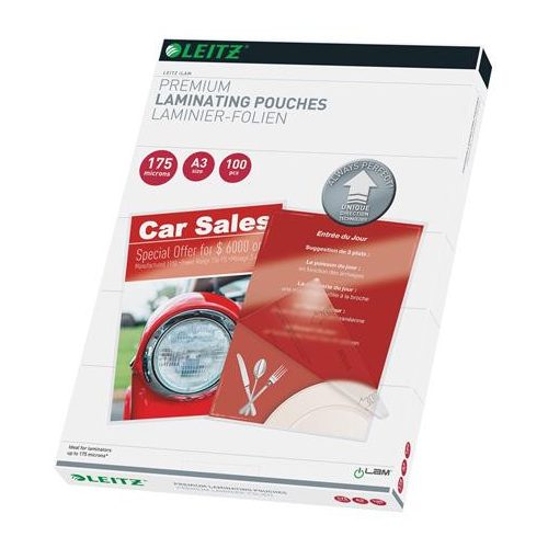 Meleglamináló fólia, 175 mikron, A3, fényes, UDT technológiával, LEITZ "iLam"
