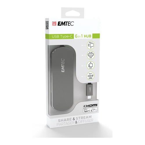 USB elosztó-HUB, USB-C/USB 3.1/HDMI/SD kártya, EMTEC "T650C"