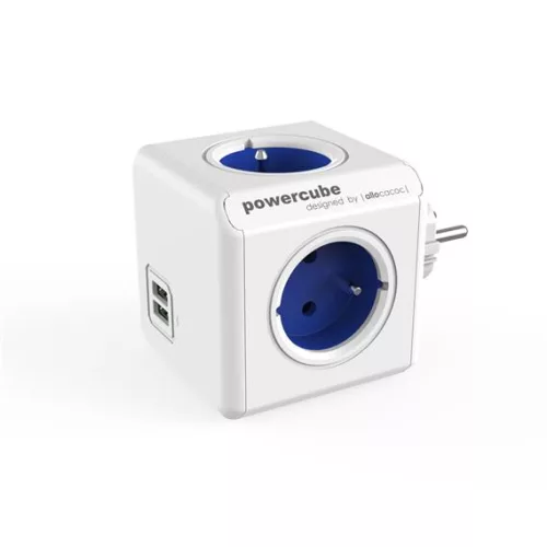 Elosztó, 4 aljzat, 2 USB csatlakozó, ALLOCACOC "PowerCube Original USB DE", fehér-kék