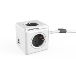  Elosztó, 4 aljzat, 2 USB csatlakozó, 1,5 m kábelhosszúság, ALLOCACOC "PowerCube Extended USB DE", fehér-szürke
