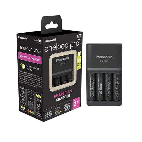 Elemtöltő, AA/AAA, 4x2500 mAh AA, gyorstöltő, PANASONIC "Eneloop Pro"