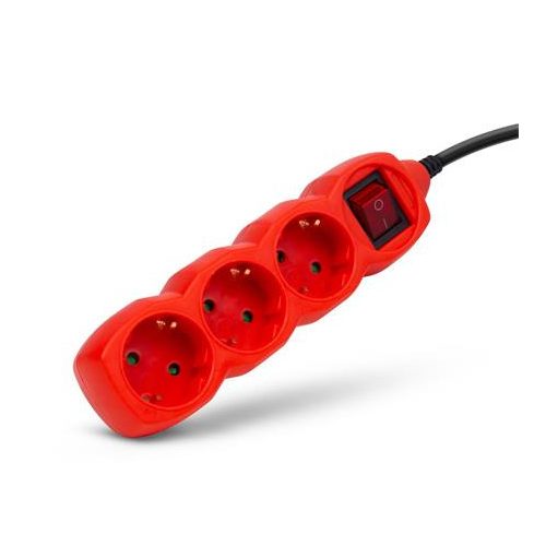 Elosztósor, 3 aljzat, 1,5 m, kapcsolóval, ENTAC, piros