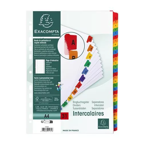 Regiszter, karton, A4, 1-31, EXACOMPTA, fehér