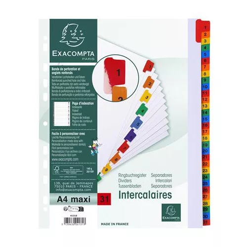 Regiszter, karton, A4+, 1-31, EXACOMPTA, fehér