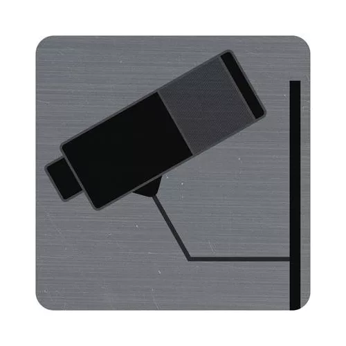 Információs tábla, öntapadó, 7,5x7,5 cm, alumíniumhatású, EXACOMPTA, "Kamerával megfigyelt terület"