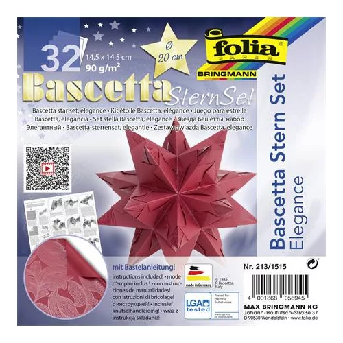 Bascetta csillag készlet, 14,5x14,5 cm, 90 g, 32 lap, FOLIA, piros-dzsungel