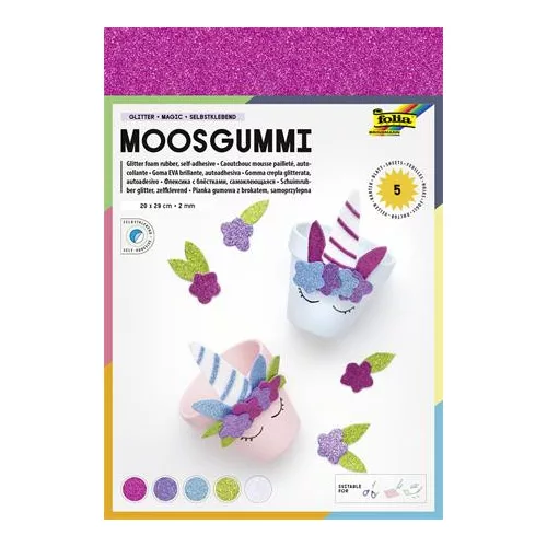 Moosgumi, öntapadó, csillámos, 20x29 cm, 5 lap, FOLIA "Magic", 5 különböző szín