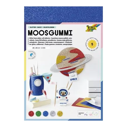 Moosgumi, öntapadó, csillámos, 20x29 cm, 5 lap, FOLIA "Basic", 5 különböző szín