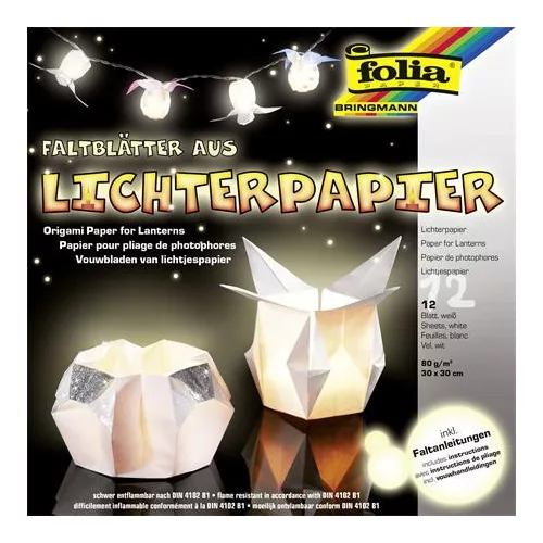 Origami papír, lámpáshoz, 30x30 cm, 80 g, 12 lap, FOLIA, fehér