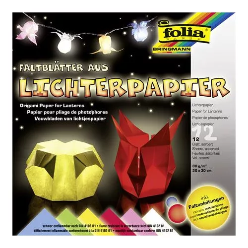 Origami papír, lámpáshoz, 30x30 cm, 80 g, 12 lap, FOLIA, vegyes színek