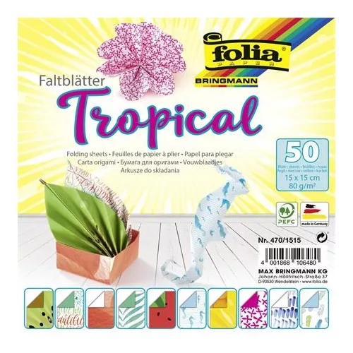 Origami papír, 15x15 cm, 80 g, 50 lap, FOLIA "Tropical", 10 különböző minta