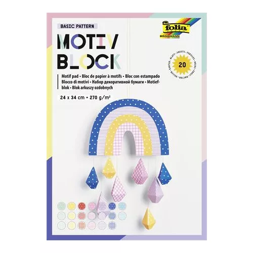 Dekorkarton, 2 oldalas, 24x34 cm, 270 g, 20 lap, FOLIA "Basic Rainbow", 20 különböző minta
