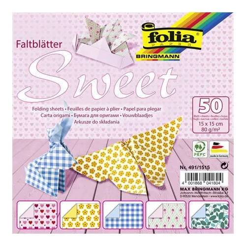 Origami papír, 15x15 cm, 80 g, 50 lap, FOLIA "Sweet", 5 különböző minta