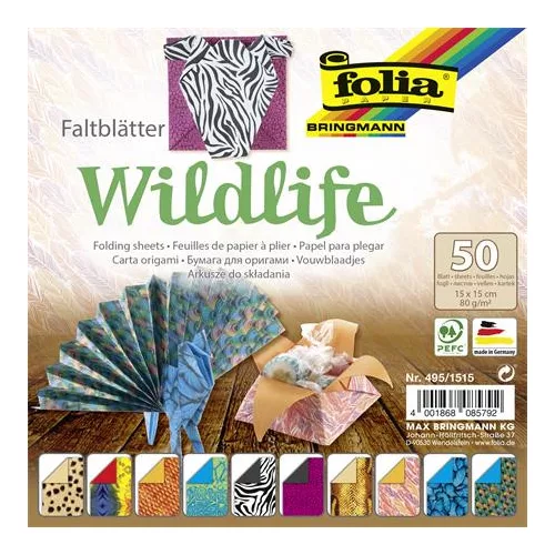 Origami papír, 15x15 cm, 80 g, 50 lap, FOLIA "Wildlife", 10 különböző minta