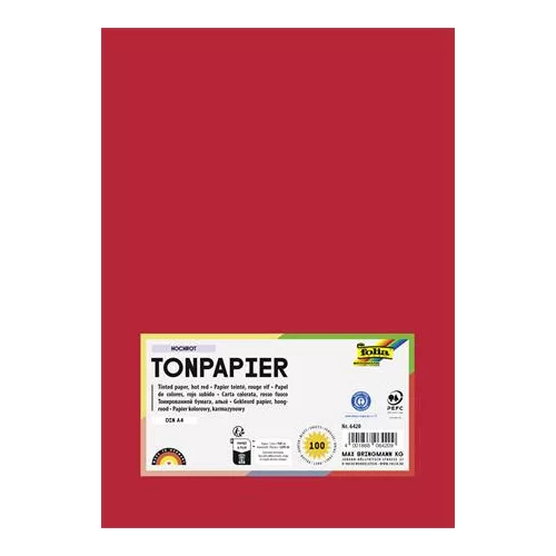 Színes papír, A4, 130 g, 100 lap, FOLIA, élénkvörös
