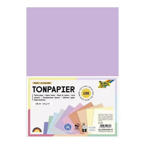 Színes papír, A4, 130 g, 10x10 lap, FOLIA, „Pastel”, vegyes színek
