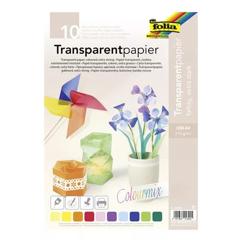 Transzparens papír, A4, 115 g, 10 lap, FOLIA, vegyes színek