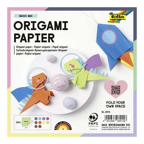 Origami papír, 15x15 cm, 70 g, 100 lap, FOLIA, vegyes színek