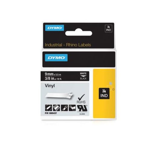 Feliratozógép szalag, vinil, 9 mm x 5,5 m, DYMO "Rhino", fekete-fehér