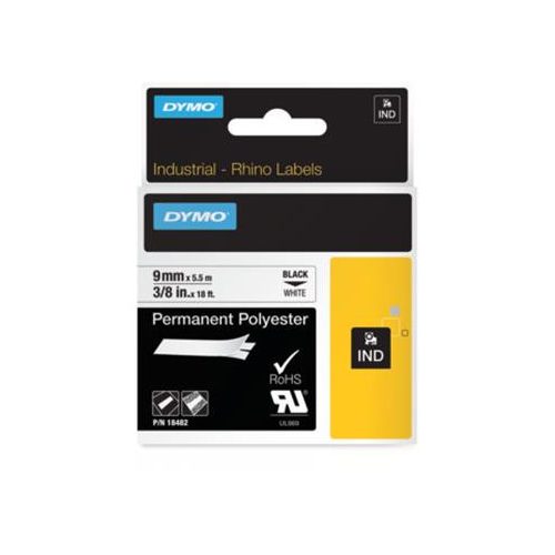 Feliratozógép szalag, tartós poliészter, 9 mm x 5,5 m, DYMO "Rhino",fehér-fekete