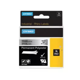   Feliratozógép szalag, tartós poliészter, 19 mm x 5,5 m, DYMO "Rhino", fekete-metál