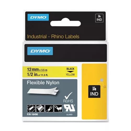 Feliratozógép szalag, flexibilis ID, 12 mm x 3,5 m, DYMO "Rhino", sárga-fekete
