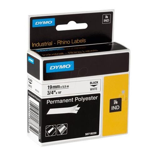 Feliratozógép szalag, tartós poliészter, 19 mm x 5,5 m, DYMO "Rhino", fehér-fekete
