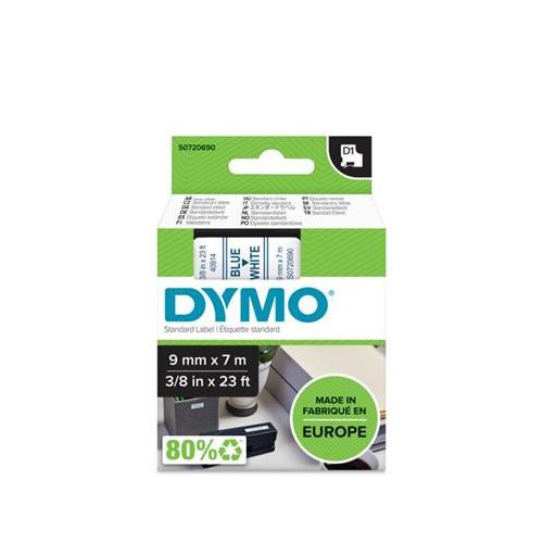 Feliratozógép szalag, 9 mm x 7 m, DYMO "D1", fehér-kék