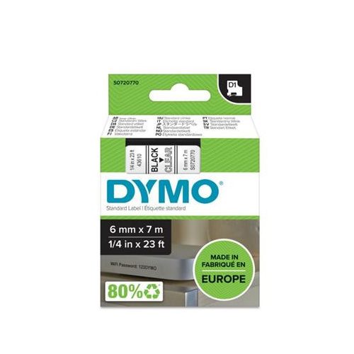 Feliratozógép szalag, 6 mm x 7 m, DYMO "D1", víztiszta-fekete