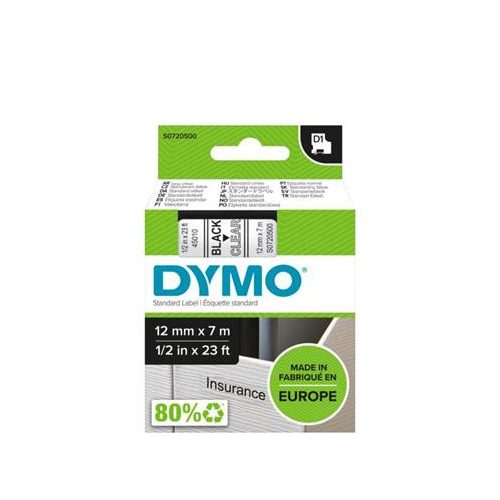 Feliratozógép szalag, 12 mm x 7 m, DYMO "D1", víztiszta-fekete