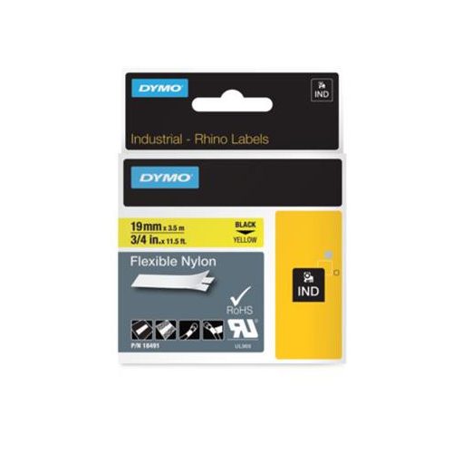 Feliratozógép szalag, flexibilis ID, 19 mm x 3,5 m, DYMO "Rhino", sárga-fekete