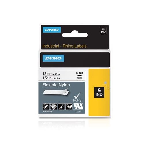 Feliratozógép szalag, flexibilis ID, 12 mm x 3,5 m, DYMO "Rhino", fehér-fekete