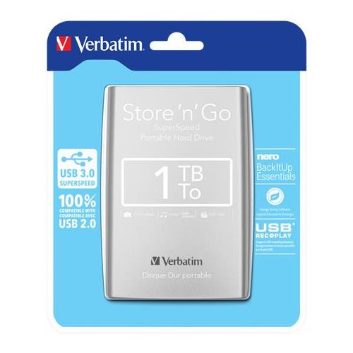 2,5" HDD (merevlemez), 1TB, USB 3.0, VERBATIM, ezüst