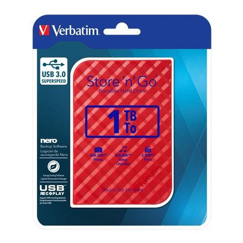 2,5" HDD (merevlemez), 1TB, USB 3.0, VERBATIM "Store n Go", piros