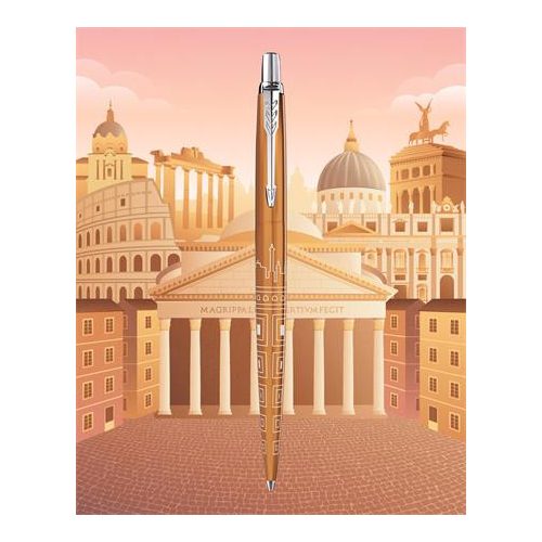 Golyóstoll, 0,7 mm, ezüst színű klip, mintás tolltest, PARKER, "Royal Jotter Róma", kék