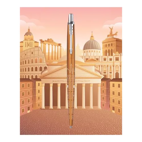 Golyóstoll, 0,7 mm, ezüst színű klip, mintás tolltest, PARKER, "Royal Jotter Róma", kék