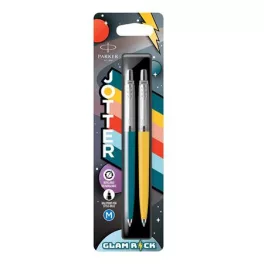   Golyóstoll szett, 0,7 mm, ezüst színű klip, kék és sárga tolltest, PARKER "Jotter Glam Rock", kék