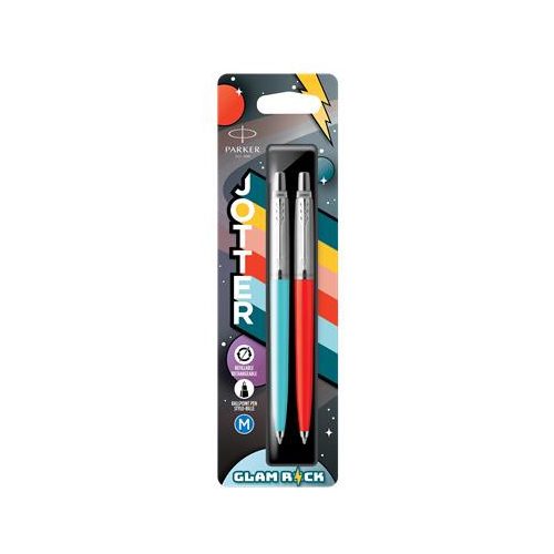 Golyóstoll szett, 0,7 mm, ezüst színű klip, piros és kék tolltest, PARKER "Jotter Glam Rock", kék
