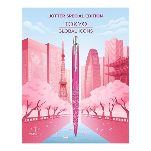 Golyóstoll, 0,7 mm, ezüst színű klip, mintás tolltest, PARKER, "Royal Jotter Tokyo", kék