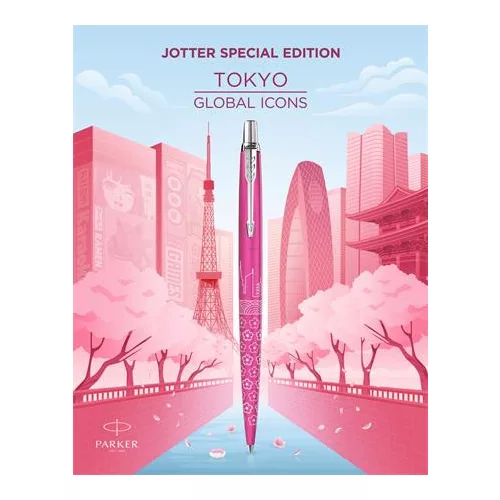 Golyóstoll, 0,7 mm, ezüst színű klip, mintás tolltest, PARKER, "Royal Jotter Tokyo", kék