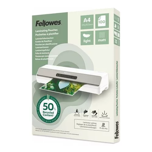 Meleglamináló fólia, 80 mikron, A4, matt, 100 db, FELLOWES "Light"