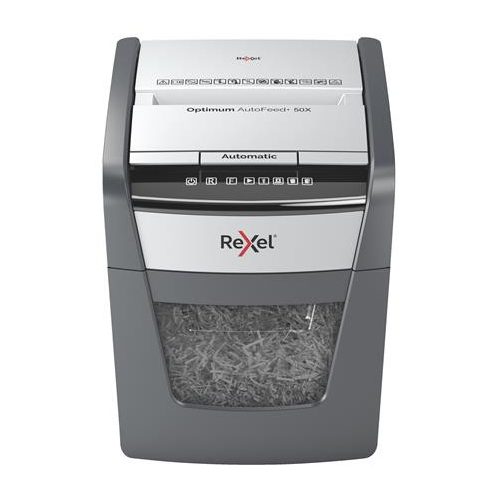 Iratmegsemmisítő, konfetti, 50 lap, REXEL, "Optimum AutoFeed+ 50X"