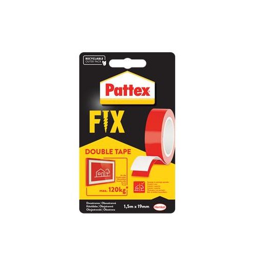 Ragasztószalag, kétoldalas, 19 mm x 1,5 m, HENKEL "Pattex Fix 120 kg", piros