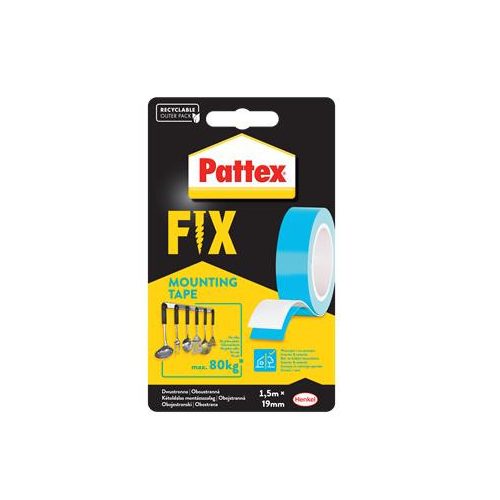 Ragasztószalag, kétoldalas, 19 mm x 1,5 m, HENKEL "Pattex Fix 80 kg", kék