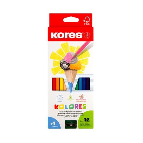 Színes ceruza készlet, háromszögletű, KORES "Triangular", 12 különböző szín
