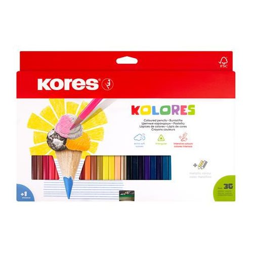 Színes ceruza készlet, háromszögletű, KORES "Triangular", 36 különböző szín
