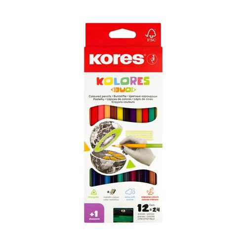 Színes ceruza készlet, kétvégű, háromszögletű, KORES "Duo", 24 különböző szín