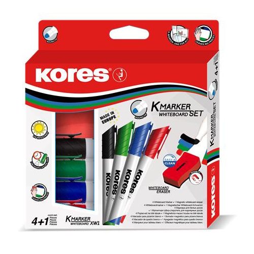 Tábla- és flipchart marker készlet mágneses táblatörlő szivaccsal, 1-3 mm, kúpos KORES, 4 különböző szín